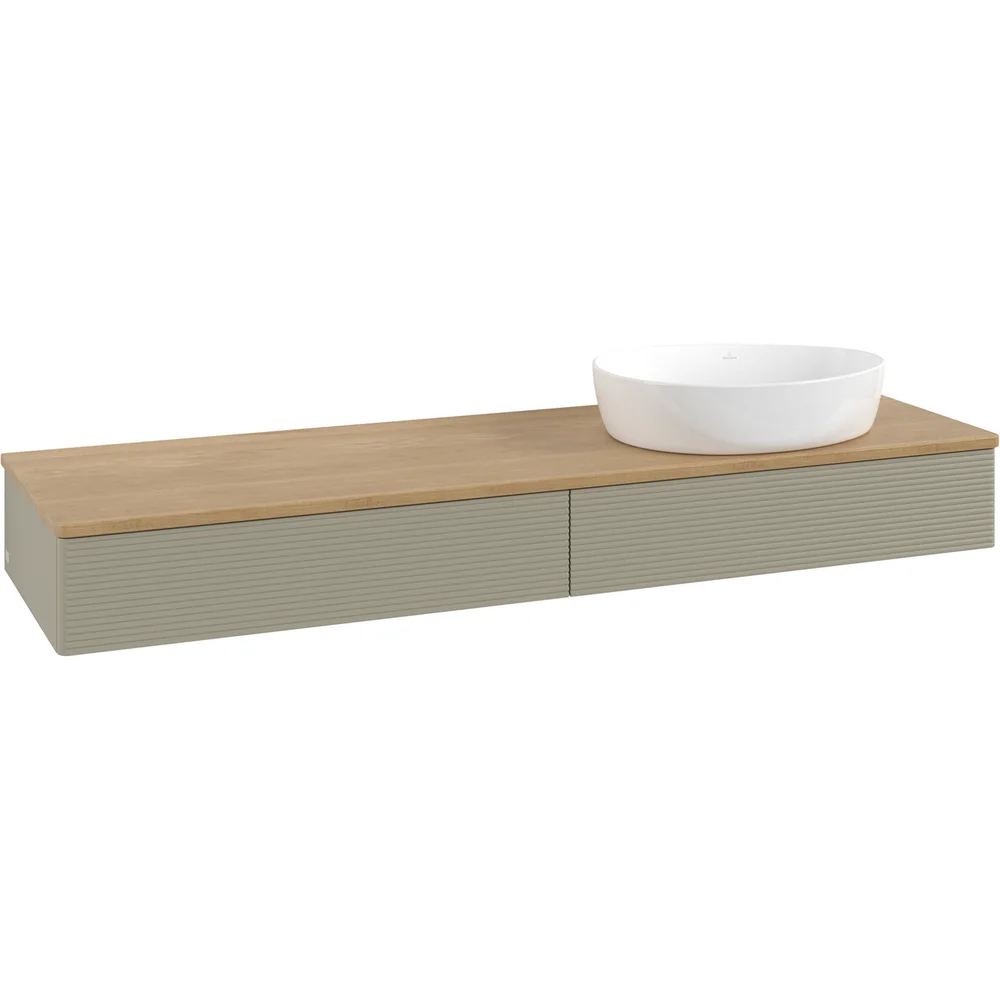 V&B ANTAO SERVANTSKAP 2 SKUFFER RILLET 1600X190X500 HØYRE U/KRANHULL M/LYS STENGRÅ/EIK v:7547193