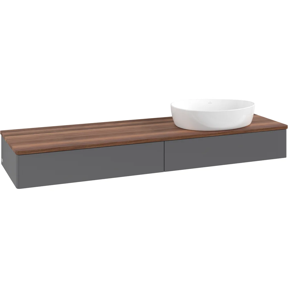 V&B ANTAO SERVANTSKAP 2 SKUFFER GLATT 1600X190X500 HØYRE U/KRANHULL M/LYS ANTRASITT/VALNØTT v:7484155
