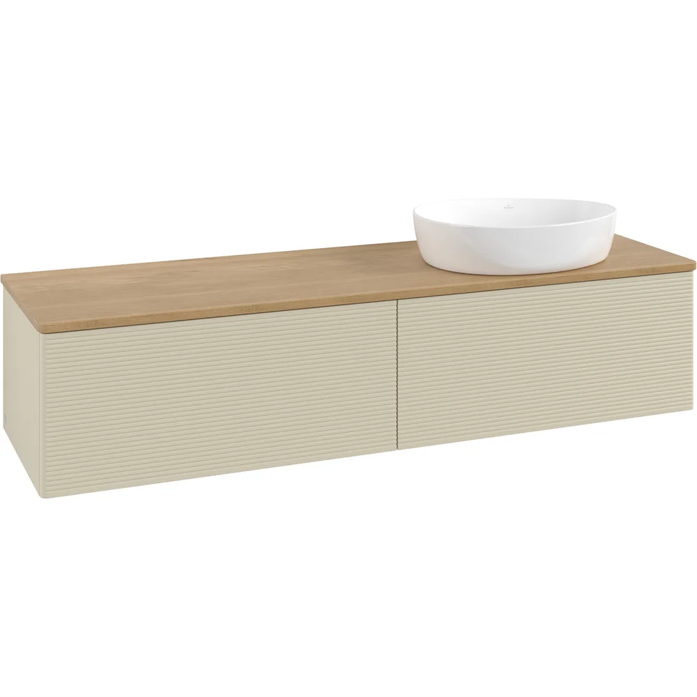 V&B ANTAO SERVANTSKAP 2 SKUFFER RILLET 1600X360X500 HØYRE U/KRANHULL M/LYS SILKEGRÅ/EIK v:5766832