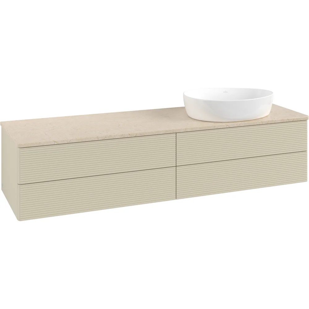 V&B ANTAO SERVANTSKAP 4 SKUFFER RILLET 1600X360X500 HØYRE U/KRANHULL M/LYS SILKEGRÅ/CRÉME v:6789826