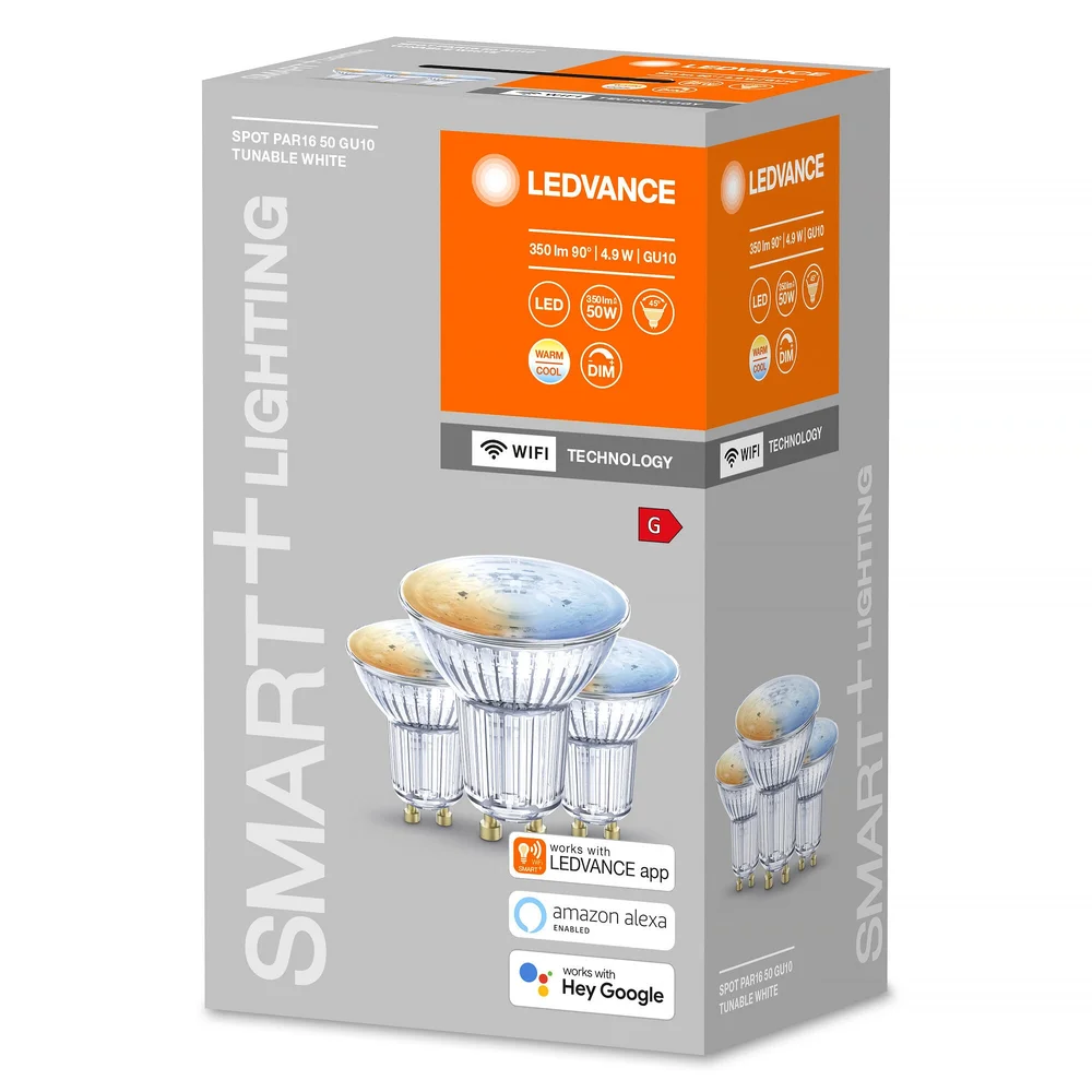 LED-lampe, smart Wi Fi, PAR16, Spot GU10, dimbar, 4,9 W, 3-pakning v:3195816 LED-lampe, smart Wi Fi, PAR16, Spot GU10, dimbar, 4,9 W, 3-pakning v:3195816
