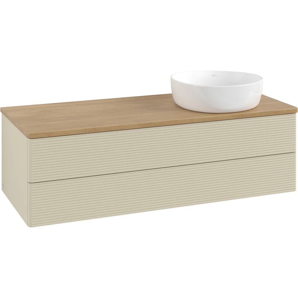 V&B ANTAO SERVANTSKAP 2 SKUFFER RILLET 1200X360X500 HØYRE U/KRANHULL M/LYS SILKEGRÅ/EIK v:2317979