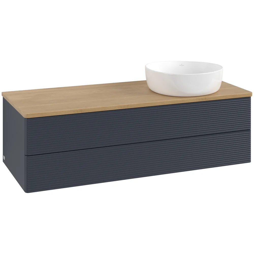 V&B ANTAO SERVANTSKAP 2 SKUFFER RILLET 1200X360X500 HØYRE U/KRANHULL BLÅ/EIK v:6759842